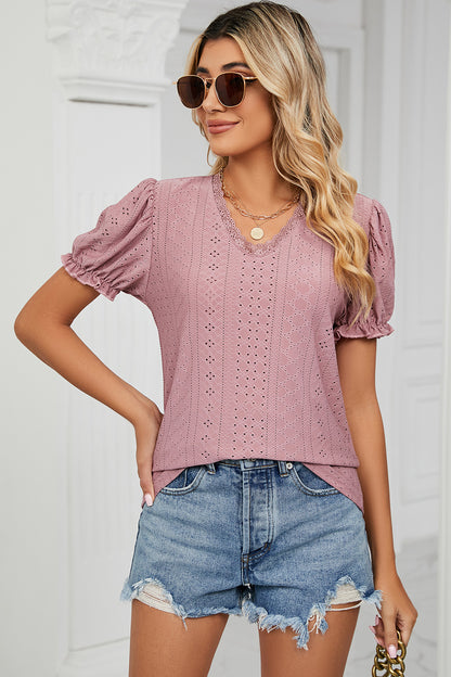 Eyelet V-Neck Short Sleeve Top