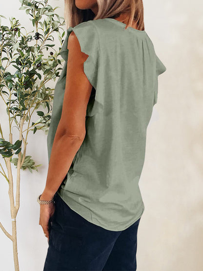 Ruffled Notched Cap Sleeve T-Shirt