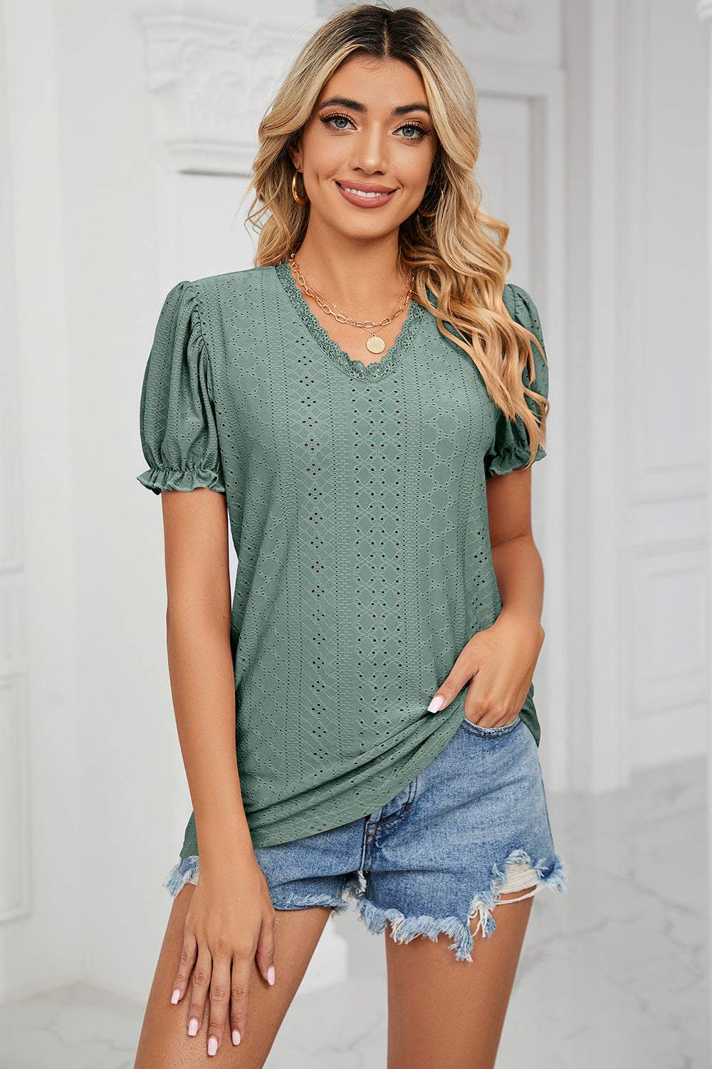 Eyelet V-Neck Short Sleeve Top