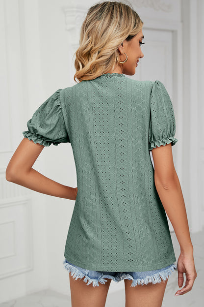 Eyelet V-Neck Short Sleeve Top