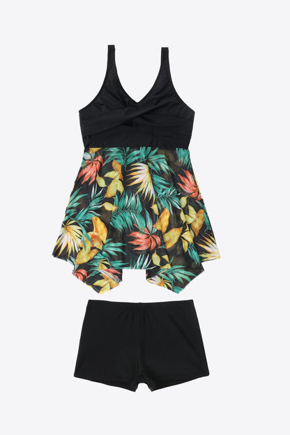 Plus Size Floral Two-Tone Asymmetrical Hem Two-Piece Swimsuit